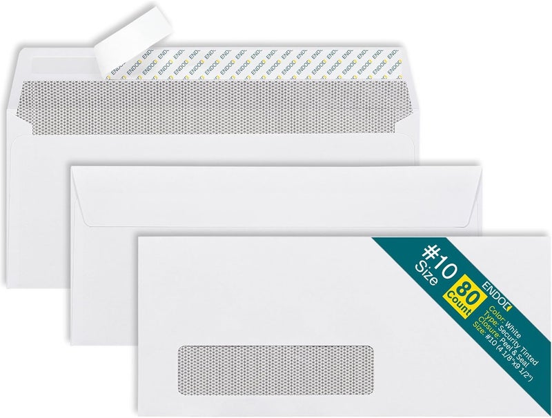 EnDoc #10 Window Envelopes Self Seal - 80/pack Peel & Seal Closure, Security Tinted Envelopes for Quickbooks Invoices & Business Statements - Letter Size 4-1/8 x 9-1/2 inch 24lb Paper - Image 1